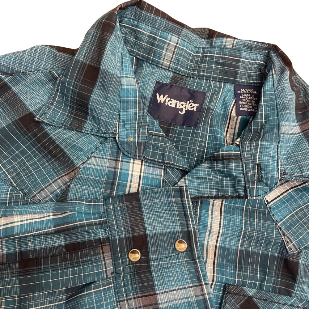 Wrangler Western‎ Shirt Mens Medium Teal Plaid Long Sleeve Pearl Snap Cowboy